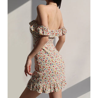 off-shoulder retro pastoral print dress