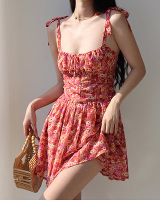 retro pastoral tie-shoulder floral dress