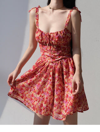 retro pastoral tie-shoulder floral dress