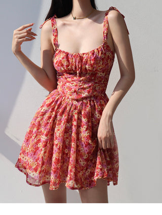 retro pastoral tie-shoulder floral dress