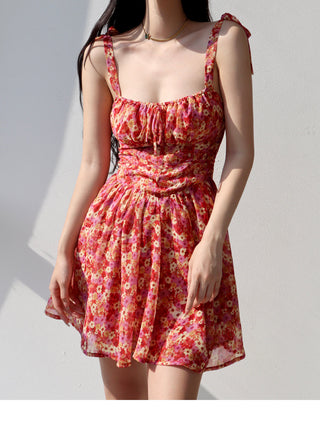 retro pastoral tie-shoulder floral dress