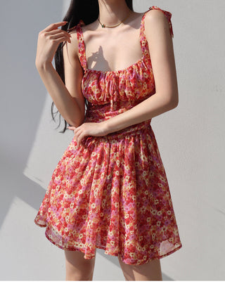 retro pastoral tie-shoulder floral dress