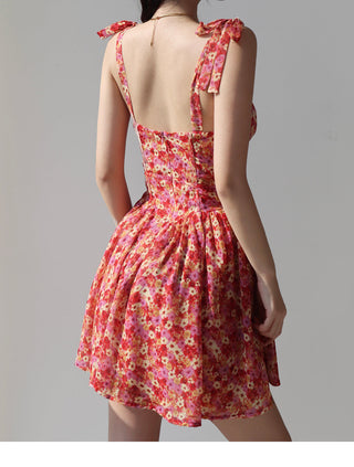 retro pastoral tie-shoulder floral dress