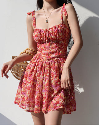 retro pastoral tie-shoulder floral dress