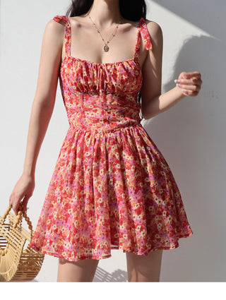 retro pastoral tie-shoulder floral dress