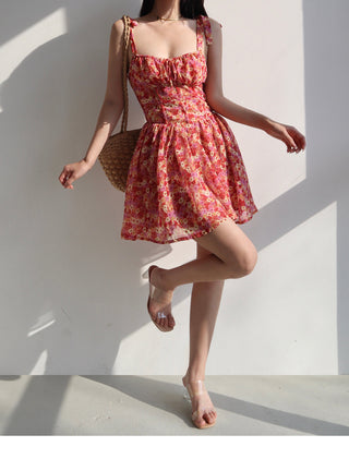 retro pastoral tie-shoulder floral dress