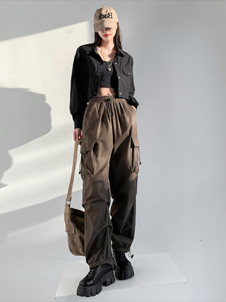 high waist straight loose drawstring cargo pant