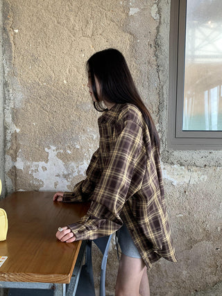 loose retro plaid long sleeve shirt