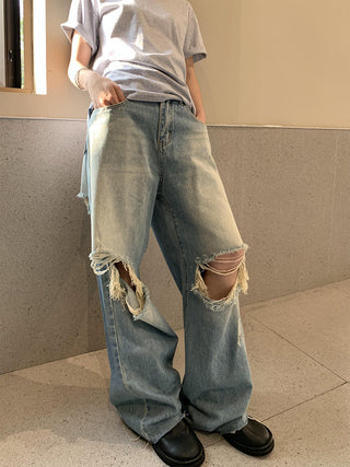 washed ripped high waist loose jeans