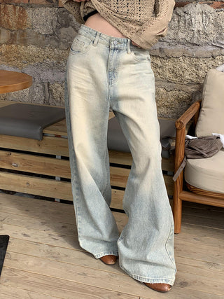 retro distressed blue wide-leg jeans